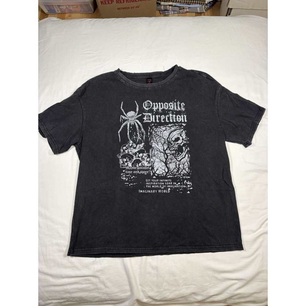 Romwe Goth Graphic Tee Mens Medium Black Acid Wash Skull Spider Punk Grunge